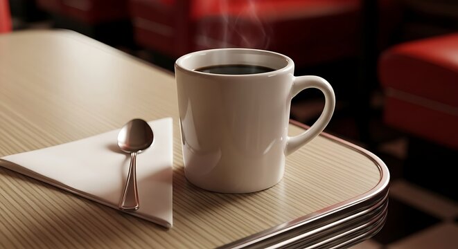 Steaming hot coffee in a tall mug on a diner table with a spoon and napkin