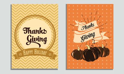 Retro thanksgiving holiday cards featuring vintage typography, autumn pumpkins, and festive seasonal greetings design.