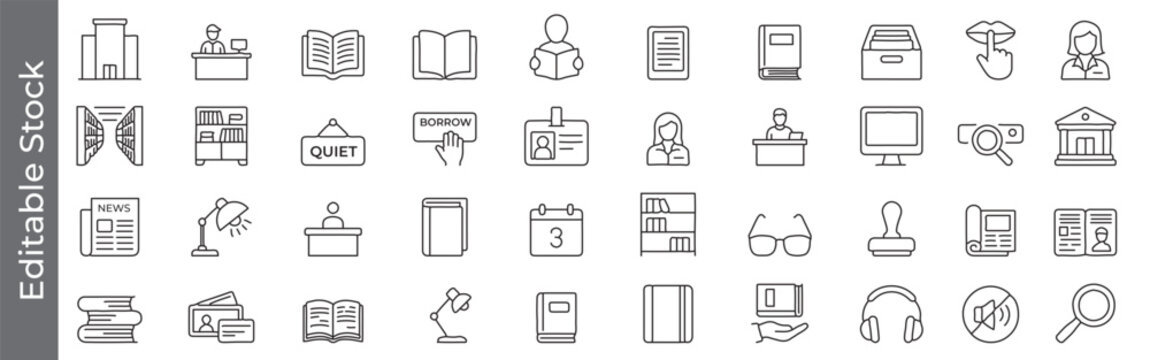 Library and reading line icon set &ndash; editable outline symbols of book, librarian, ID card, borrow, news, shelf and study