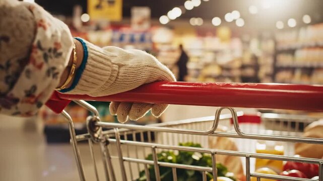 Navigating the supermarket aisles with a gloved hand, pushing a cart full of fresh groceries. A safe and essential shopping experience capturing