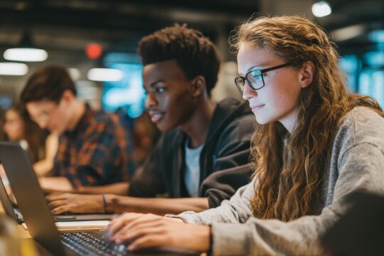 Students Work Together on Laptops During a Group Project in a Modern Classroom Setting in Late Afternoon
