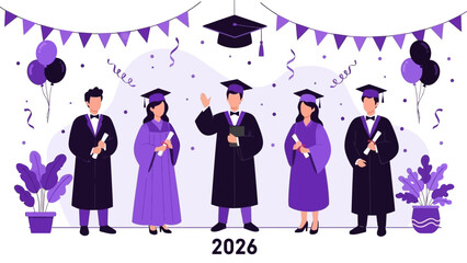 A joyful group of graduates from the class of 2026 holding diplomas during their commencement ceremony