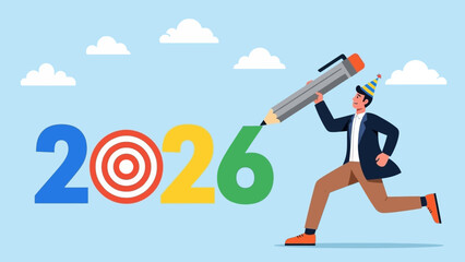 A cheerful businessman runs with a giant pencil to write 2026, with the zero as a target symbolizing setting goals and resolutions for the new year