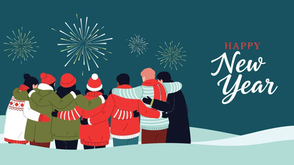 Rear view of friends hugging and watching fireworks for the New Year 2026 celebration. A festive winter scene of togetherness and joy