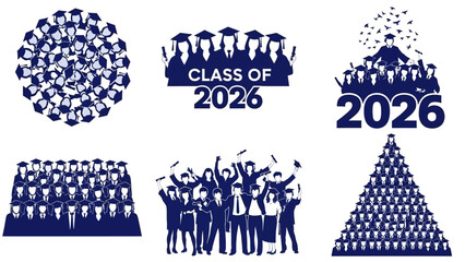 Vector collection of six graduation designs for the class of 2026, showing graduates celebrating in various group formations