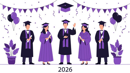 Class of 2026 graduation ceremony with happy students in purple academic gowns and caps. Vector illustration concept