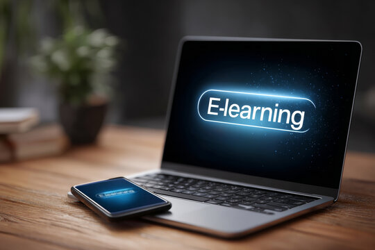 E-learning on a Laptop and Smartphone on a Wooden Table With a Plant in the Background During Afternoon