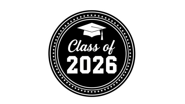 Class of 2026 graduation emblem featuring a mortarboard cap. A classic black and white circular vector design for graduates