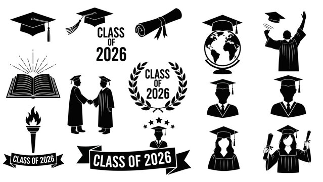 Graduation 2026 icon collection. A set of black and white vector graphics for academic ceremonies, including mortarboards and diplomas