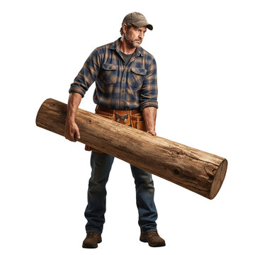 Strong lumberjack carrying heavy log with determination, showcasing rugged masculinity and building prowess for construction or outdoor lifestyle projects