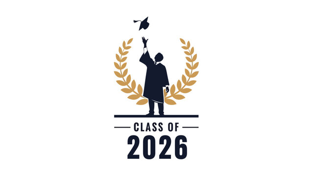 Class of 2026 graduation logo with a graduate silhouette tossing a cap, framed by a golden laurel wreath. Vector design for academic achievement