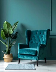 Teal velvet armchair next to a large potted plant and teal wall