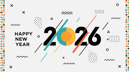 Happy New Year 2026 greeting card with modern geometric Memphis style design. Vector illustration for celebration