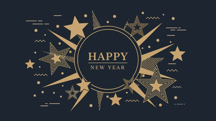 Modern geometric Happy New Year 2026 greeting card with a golden starburst explosion on a dark blue background. Abstract festive vector