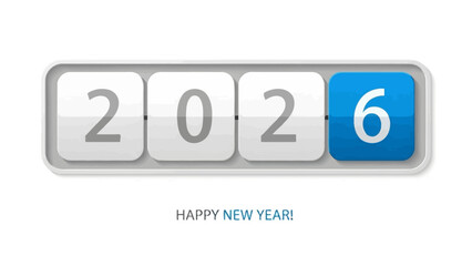 New Year 2026 countdown with a flip number counter display. Festive mechanical scoreboard illustration for a happy holiday celebration