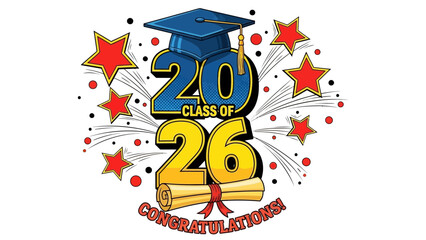 Colorful congratulations design for the Class of 2026 graduation with a cap and diploma scroll on a celebratory background with stars