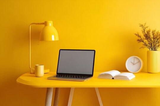 Workspace is Bright With Yellow Walls and Desk, Featuring a Laptop, a Book, and Decorative Items During Daytime
