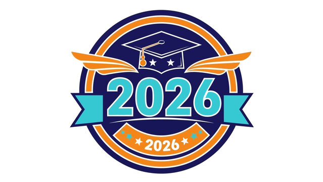 Class of 2026 graduation emblem featuring a winged mortarboard cap and ribbon banner. A celebratory vector design for graduates