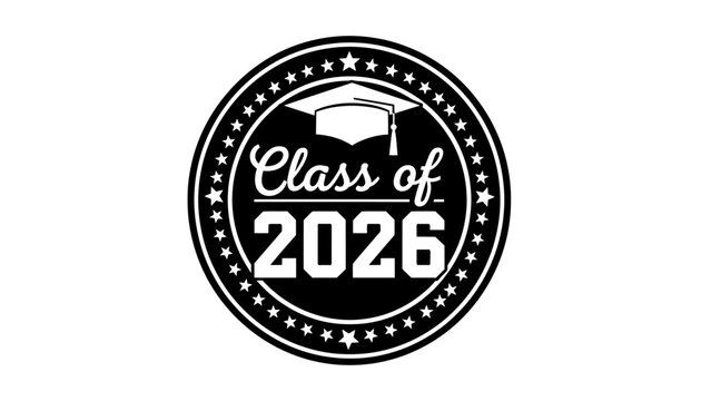 Class of 2026 graduation emblem featuring a mortarboard cap and a star border. Black and white vector seal icon for graduates