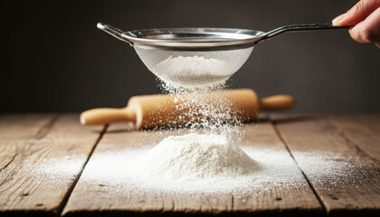 Hand sifting flour through a sieve on wooden kitchen table