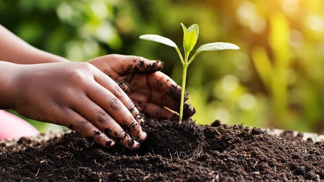 Nurturing the earth: a sequence of hands carefully planting a green seedling for growth and future sustainability.