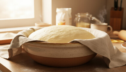 Rising bread dough in a kitchen setting with warm lighting