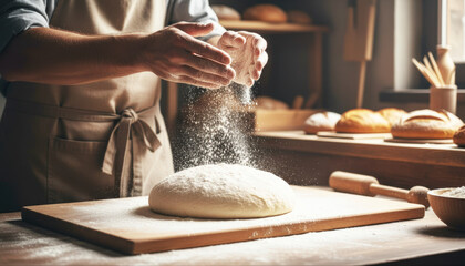 Baker sprinkling flour on dough in a cozy kitchen setting