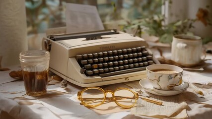 A beam of early morning light highlighting a dusty typewriter surrounded by wrinkled pages, smudged coffee cups, pens, and worn eyeglasses — a poetic, nostalgic composition capturing the intimate