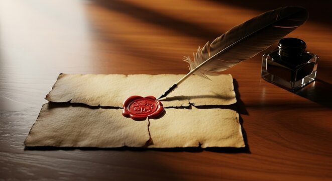 Vintage sealed letter with quill pen and inkwell on a wooden desk with dramatic lighting