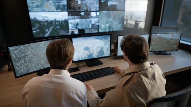 Wide-angle view of multi-analyst cyber lab tracking simulated attacks on secure networks, symbolizing defensive cyber operations, futuristic military technology, and proactive threat mitigation.