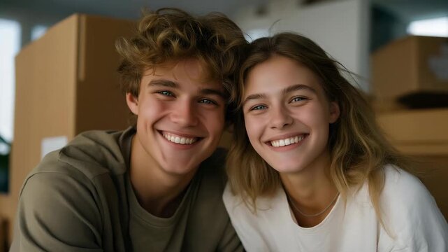 Young couple laughing while labeling boxes as movers load furniture behind them &mdash; vibrant lifestyle concept celebrating positivity, excitement, and progress in relocation journeys. cinematic color