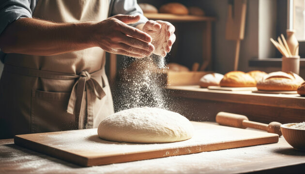 Baker sprinkling flour on dough in a cozy kitchen setting