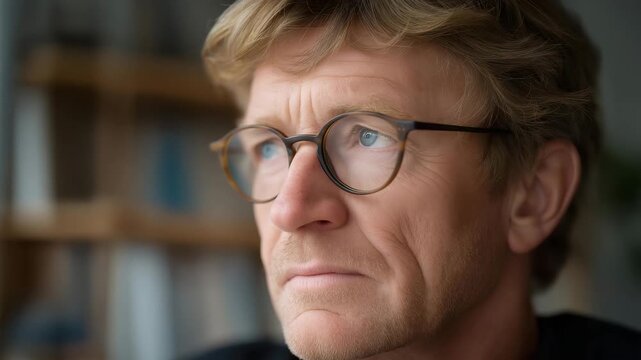 Zoomed-in portrait of art collector wearing glasses, eyes mirroring abstract artwork &mdash; representing appreciation, aesthetic emotion, and the personal attachment between art and human perception in