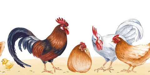 Horizontal seamless border depicting sitting and standing farm birds on the sand. Rectangular watercolor illustration of a poultry yard on an isolated background. Brown hens, white and dark roosters
