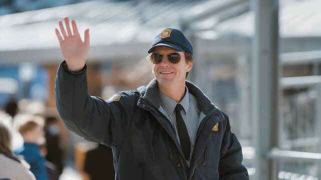 A friendly school security guard greeting students at the main gate, high-fiving kids while monitoring surroundings &mdash; welcoming environment, community trust, and visible campus protection.