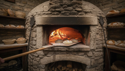 Artisan baker pulling fresh bread from a traditional stone oven