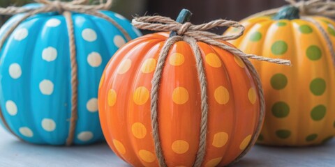 Thanksgiving Decoration Colorful painted pumpkins decorated with polka dots and twine, perfect for autumnal decor.