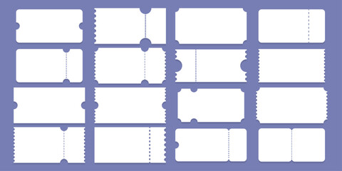 Set of white empty ticket mockups. Concert, festival event, movie theater coupon.
