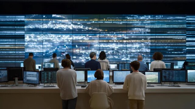 A large wall display in a tech command center showing flowing lines of system code and alerts while analysts monitor performance &mdash; real-time operations, network monitoring, and enterprise-level IT