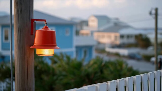 A neighborhood civil defense siren mounted on a utility pole flashing during a citywide emergency test, with families watching from porches &mdash; community preparedness awareness, municipal safety