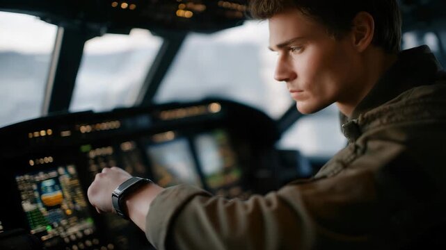 A pilot scanning cockpit instruments as amber system alerts appear across digital flight displays &mdash; aviation safety procedures, professional decision-making under pressure, and sophisticated