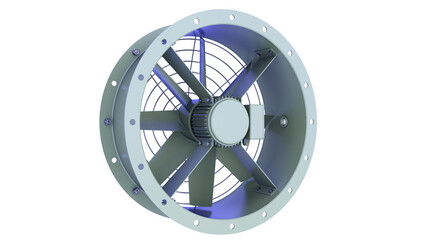 Obraz premium Industrial Air-Cooling Fan for Transformer Equipment - Fan with cover and electric motor. Front view. 3D rendering isolated on white background. Ideal for professionals, educational, engineering