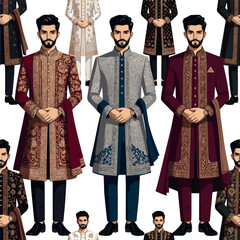 Create a various designs of wedding Sherwani vector art with a white background.