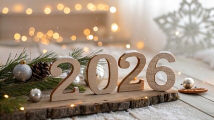 2026 on Wooden Board with Festive Decorations and Falling Snow - 6
