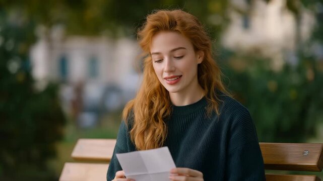 A young woman sits in a park reading a letter, her expression shifting from confusion to realization &mdash; the emotional spark of truth dawning. Leaves rustle in the soft wind as her eyes widen and a