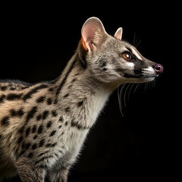 A genet walks along the dead trunk of an oak tree on black background