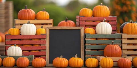 Thanksgiving Decoration Colorful pumpkins displayed in crates with a blank chalkboard for autumn decoration.