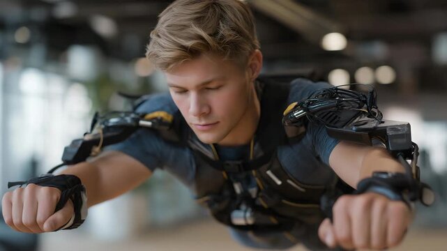 Athlete training with biomechanical engineer on exoskeleton-enhanced exercises in futuristic gym &mdash; concept of human performance innovation, adaptive sports technology, and collaborative physical