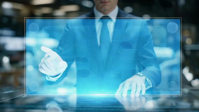 Auctioneer standing before transparent holographic touchscreen managing multiple live bids with real-time data overlays &mdash; concept of futuristic auction technology, interactive bid visualization,