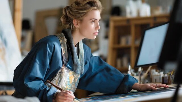 Blind painter receiving auditory color cues from digital assistant while creating vibrant artwork &mdash; concept of inclusive creative collaboration, adaptive technology in art, and multisensory
